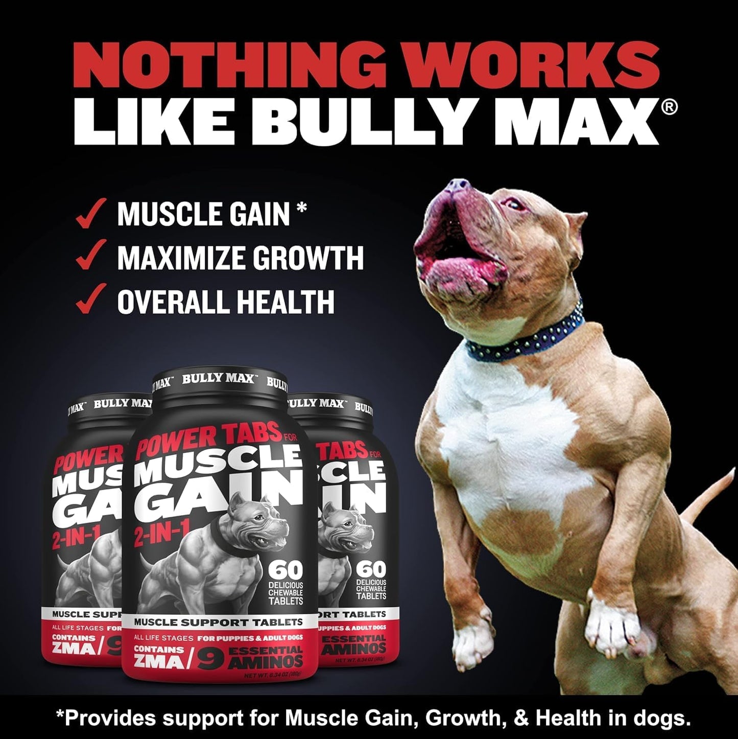 Bully Max 2-in-1 Muscle Builder Chewable Tablets for Puppies & Adult Dogs - Dog Vitamins & Supplements for Muscle Gain & Growth - Canine Puppy Multivitamins for All Breeds & Ages - 60 Tabs (3 Bottles)